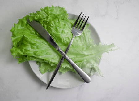 Lettuce leaf on a plate on a light backgroundの写真素材