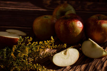 Fresh apples on old backgroundの写真素材