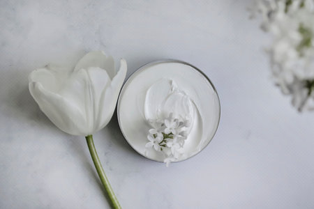 cream cosmetic flower tulip, lilac on a light backgroundの写真素材