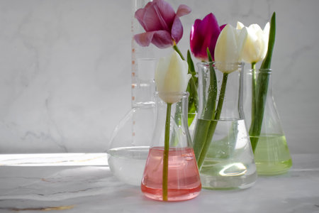 Laboratory flask, tulip flower on a cloudy background