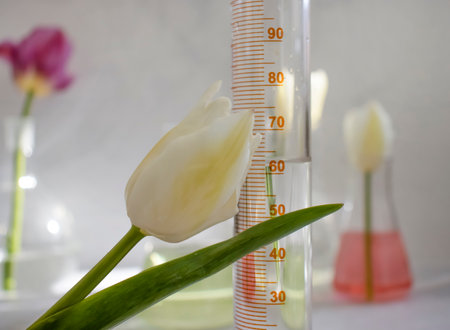 Laboratory flask, tulip flower on a cloudy background
