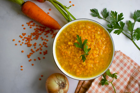 Lentil soup on a light backgroundの写真素材