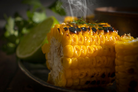Grilled corn on wooden background
