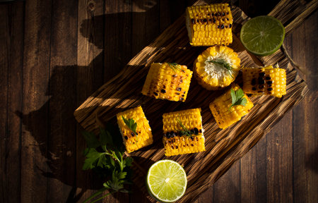 Grilled corn on wooden backgroundの写真素材