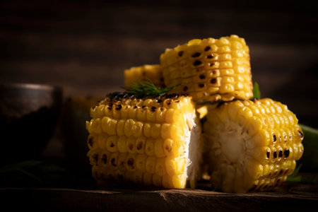 Grilled corn on wooden backgroundの写真素材