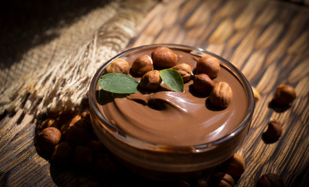 Chocolate spread with hazelnuts on a dark background