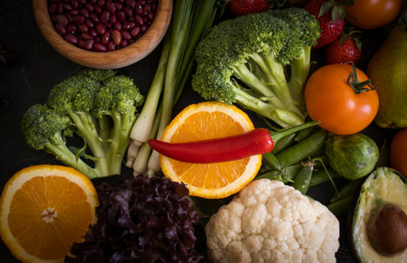 Different vegetables, fruits, cereals on the old backgroundの写真素材