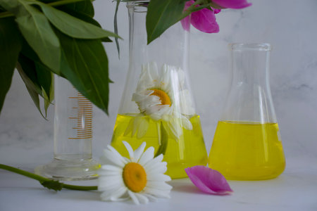 Laboratory flask flower on a light backgroundの写真素材