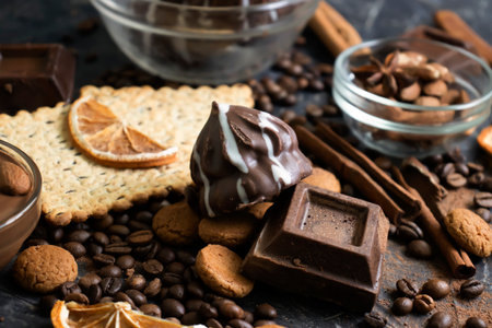 Chocolate paste, nuts, cookies on a dark backgroundの写真素材