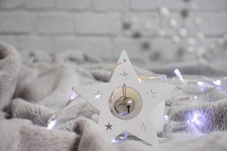 Candle, garland Christmas light backgroundの写真素材