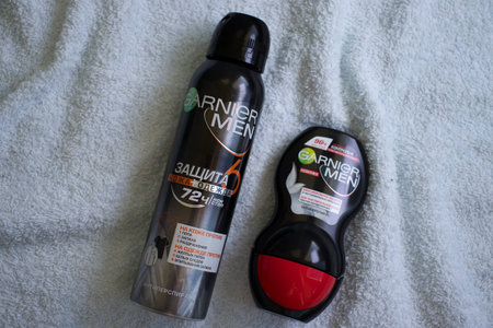 January 2, 2023 Ukraine city Kyiv deodorant Garnier Men on a towelのeditorial素材