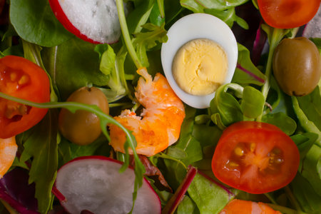 Salad with shrimps, tomatoes in a plateの写真素材