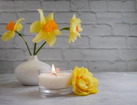 Candle, narcissus flower on a light backgroundの写真素材
