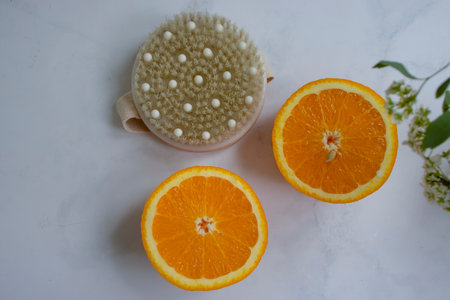 Massage brush, orange on a light backgroundの写真素材