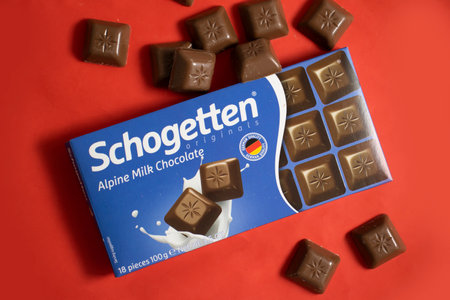 January 14, 2023 Ukraine city Kyiv chocolate Schogetten on a colored backgroundのeditorial素材