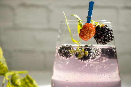 Water, blackberry on a light backgroundの写真素材