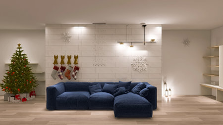 Festive christmas room interior design, 3d render