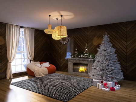Festive interior design fireplace room christmas, 3d render