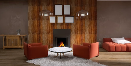 Living room interior with fireplace 3d render, 3d illustrationの写真素材