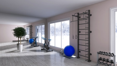 Home gym interior 3d render, 3d illustration