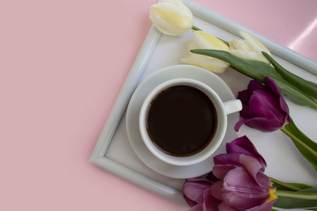 Cup of coffee, tulip flower on a colored backgroundの写真素材