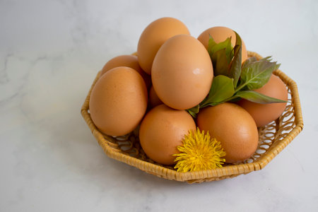 Eggs, flower on a colored background