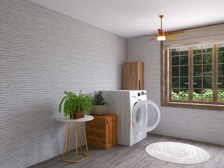Bathroom interior, washing machine 3d render, 3d illustrationの写真素材