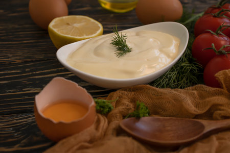 Homemade mayonnaise on old backgroundの写真素材