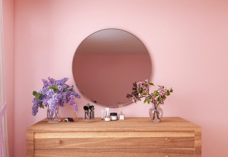 Room interior, mirror, flowers 3d render, 3d illustrationの写真素材