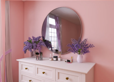 Room interior, mirror, flowers 3d render, 3d illustrationの写真素材