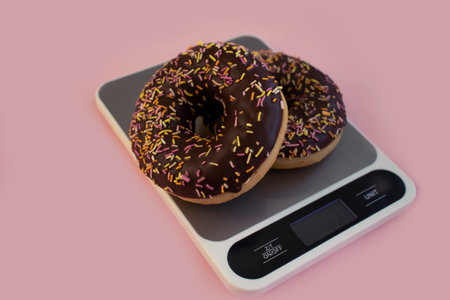 Kitchen scales, cake on a colored backgroundの写真素材