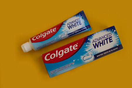April 25, 2023 Ukraine city Kyiv Colgate toothpaste on a colored background