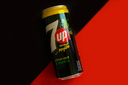 April 22, 2023 Ukraine city Kyiv iron can of Seven Up drink on a colored background