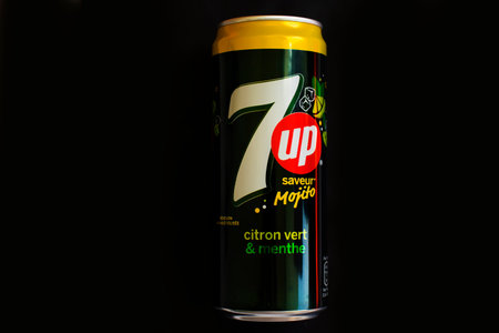 April 22, 2023 Ukraine city Kyiv iron can of Seven Up drink on a colored background