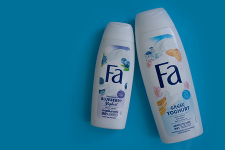 April 29, 2022 Ukraine city Kyiv Fa shower gel on a colored backgroundのeditorial素材