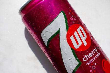 April 22, 2023 Ukraine city Kyiv iron can of drink 7 Up on a white backgroundのeditorial素材