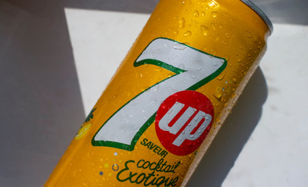 April 22, 2023 Ukraine city Kyiv iron can of drink 7 Up on a white background