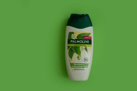 April 29, 2023 Ukraine city Kyiv Palmolive shower gel on a colored backgroundのeditorial素材
