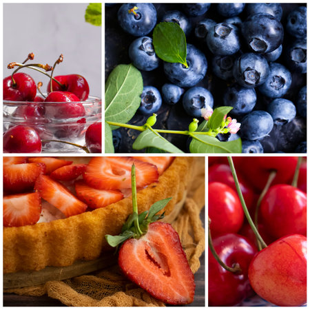 Summer berries, strawberries, pie collageの写真素材
