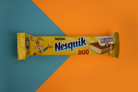 May 6, 2023 Ukraine city Kyiv Nesquik chocolate from Nestle on a colored background