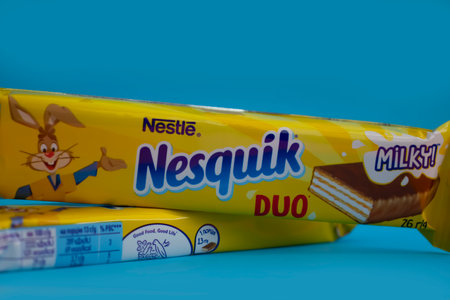 May 6, 2023 Ukraine city Kyiv Nesquik chocolate from Nestle on a colored backgroundのeditorial素材