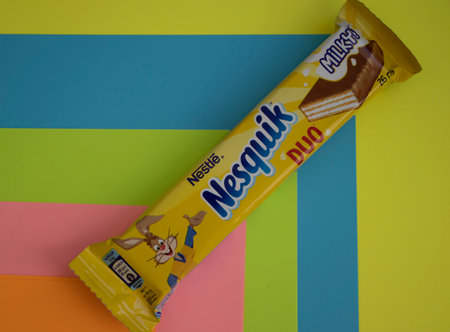 May 6, 2023 Ukraine city Kyiv Nesquik chocolate from Nestle on a colored backgroundのeditorial素材