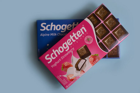 May 9, 2023 Ukraine city Kyiv chocolate Schogetten on a colored background