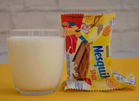 May 2, 2023 Ukraine city Kyiv Nesquik snack on a light backgroundのeditorial素材