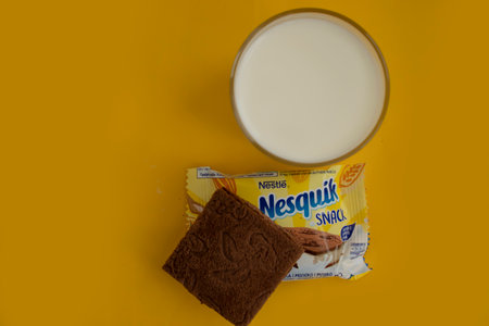 May 2, 2023 Ukraine city Kyiv Nesquik snack on a light backgroundのeditorial素材