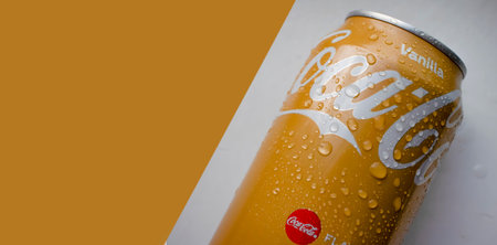 April 19, 2023 Ukraine city Kyiv Coca cola vanilla on a colored backgroundのeditorial素材