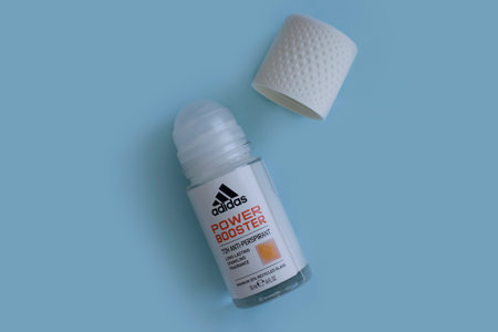 April 22, 2023 Ukraine city Kyiv Adidas deodorant on a colored background