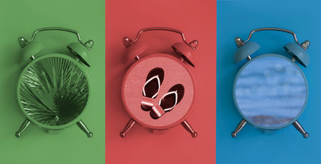 alarm clock sea on a colored backgroundの写真素材