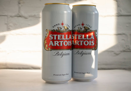 May 14, 2022 Ukraine city Kyiv beer in an iron can Stella Artois on a colorful mfon