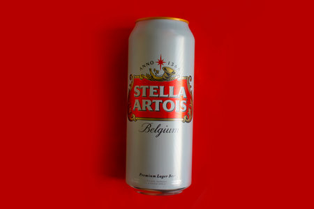 May 14, 2022 Ukraine city Kyiv beer in an iron can Stella Artois on a colorful mfonのeditorial素材